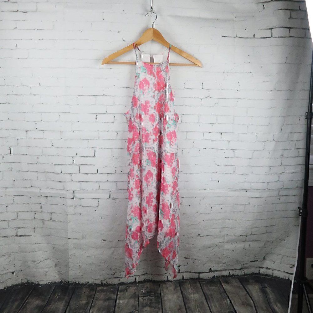 PEACH LOVE PINK FLORAL HIGH NECK SLEEVELESS ASYMETRICAL HEM DRESS SIZE SMALL